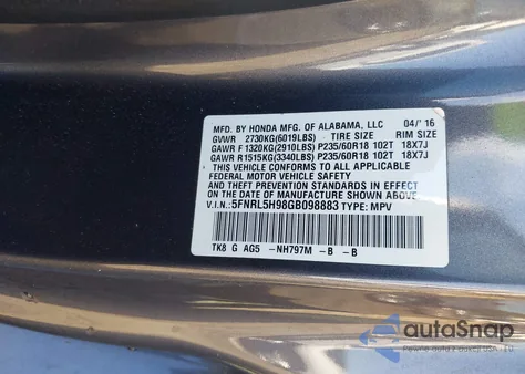 2016 Honda Odyssey Touring/Touring Elite z USA, uszkodzony, nr VIN 5FNRL5H98GB098883